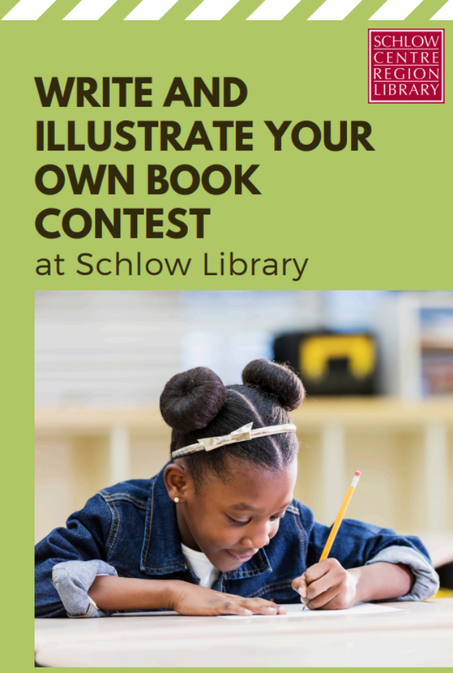 The cover of the 2026 Book Contest rules booklet, green background, photo of child with pencil in hand leaning over paper