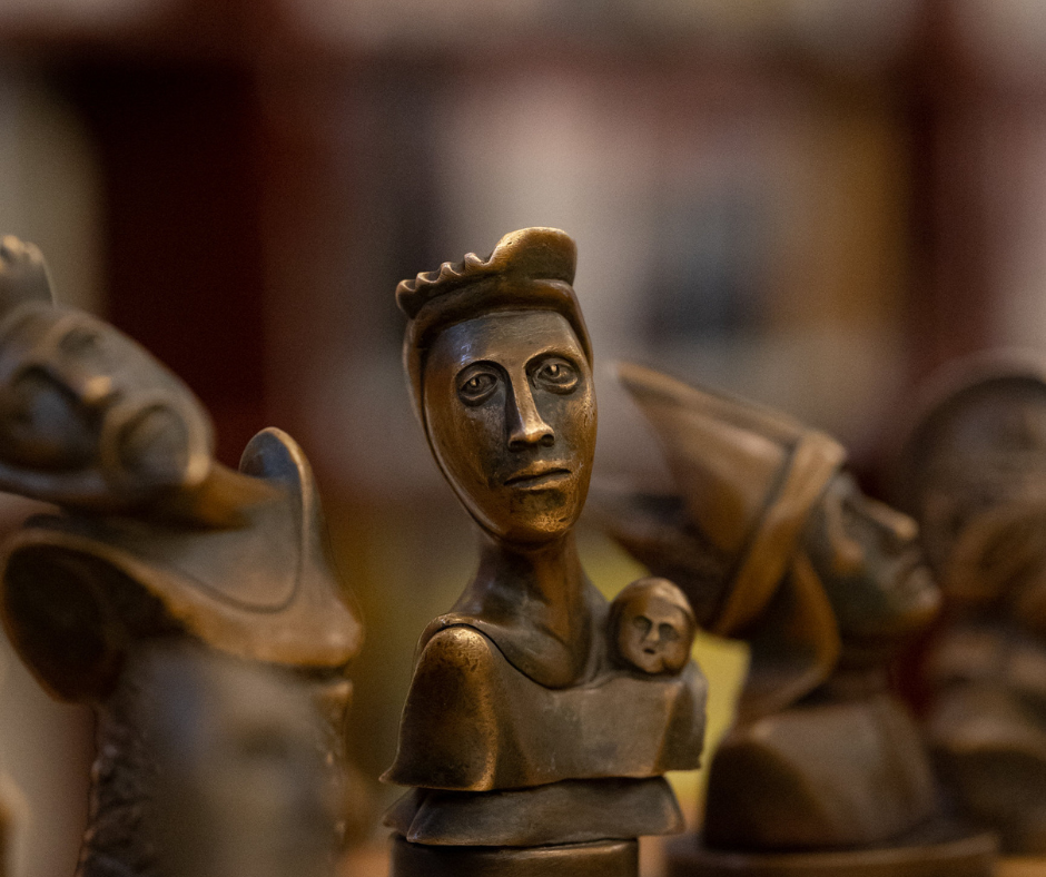 Closeup of Bronze Chess Set by Mark Pilato