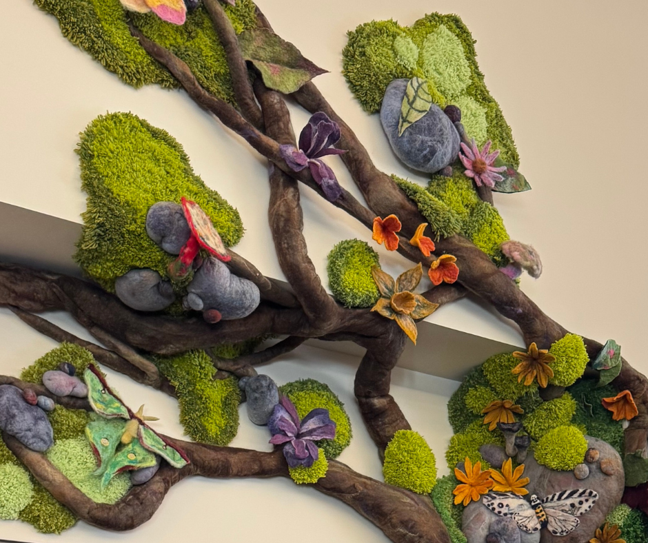 Closeup of When We Emerge fiber art installation