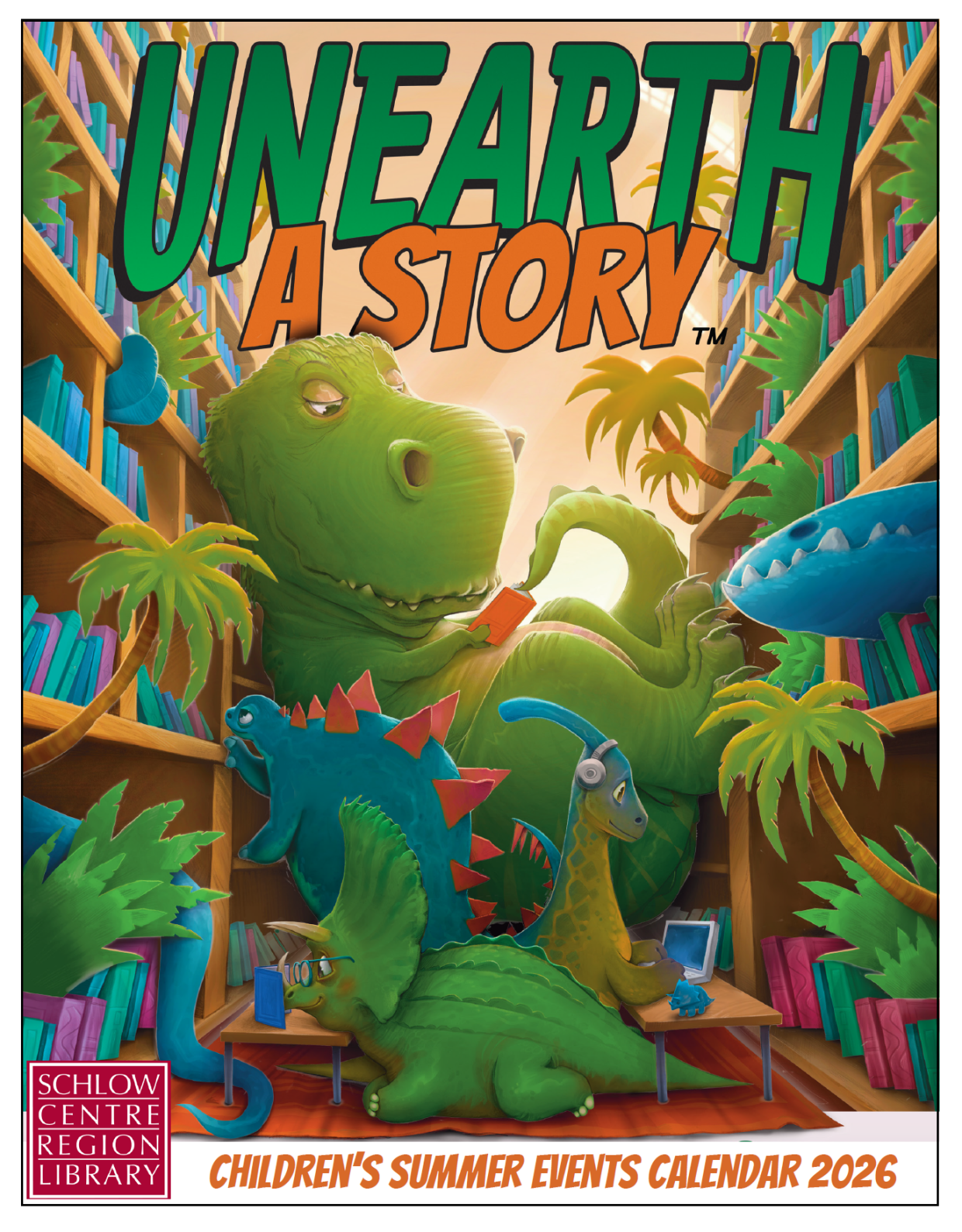 Unearth a Story text sits above group of dinosaurs reading books