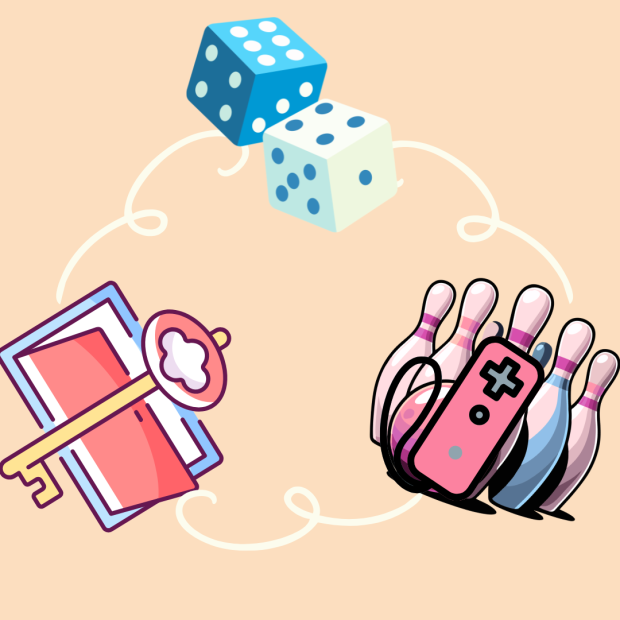 image of lock and door, dice, and bowling pins with wii-mote
